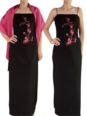 Arianna | Vintage Y2K Black Pink Embroidered Floral Maxi Dress + Reversible Wrap